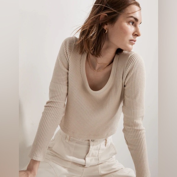 Madewell Tops - Madewell Waffle Knit Long Sleeve Crop Top Scoop Neck Beige Neutral Basic Medium